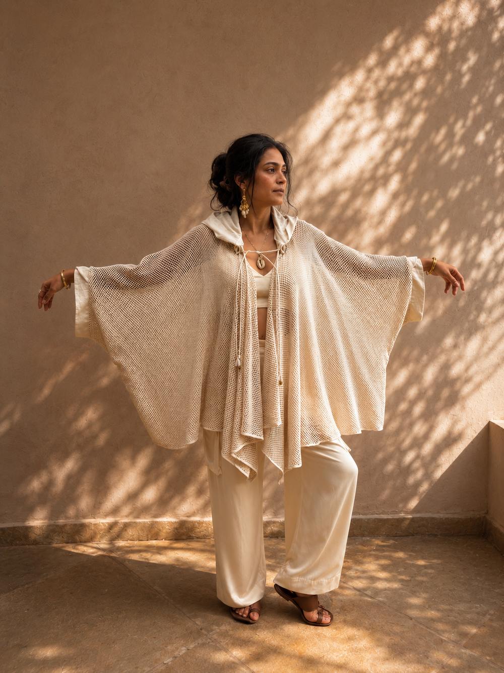 hooded mesh drape jacket