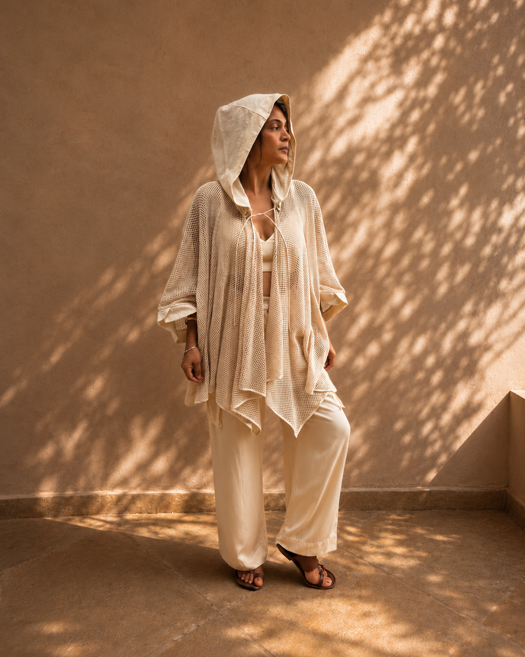 hooded mesh drape jacket