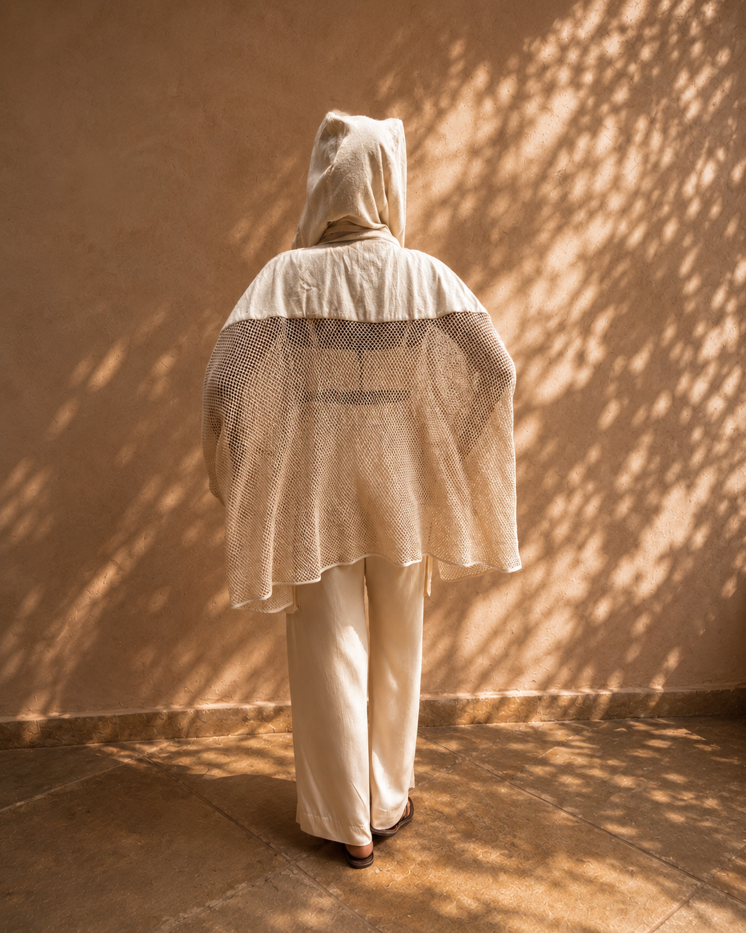 hooded mesh drape jacket