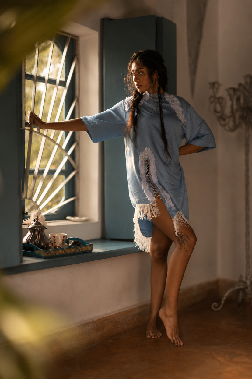 powder blue fringed applique dress