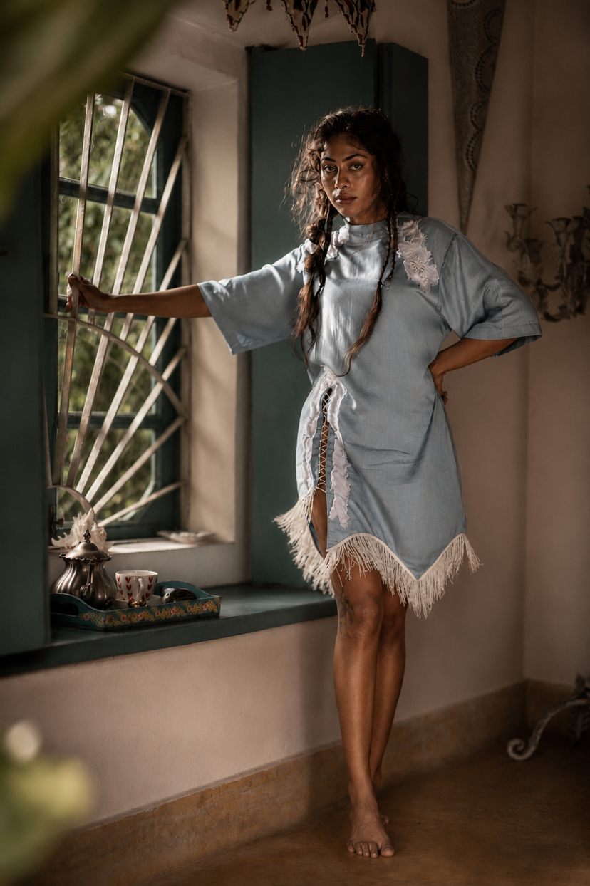 powder blue fringed applique dress