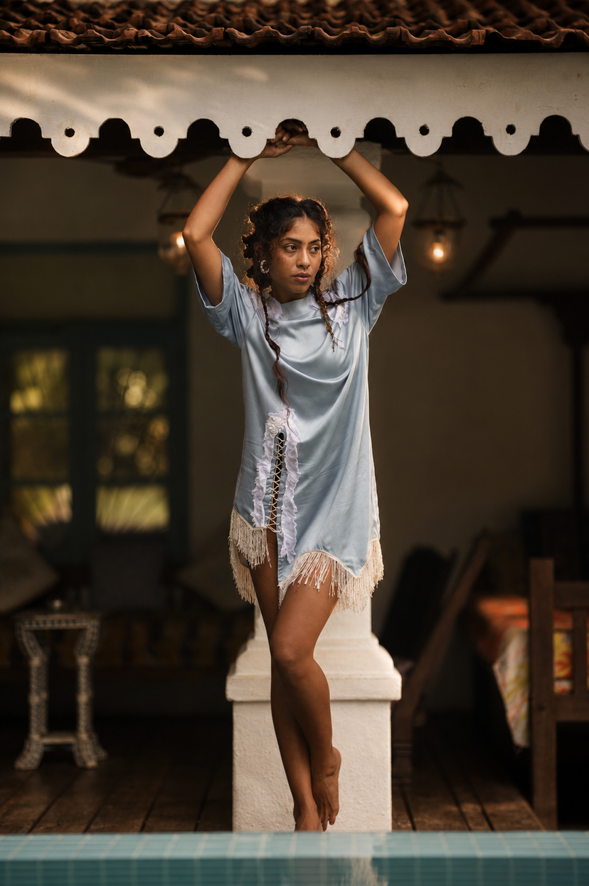 powder blue fringed applique dress